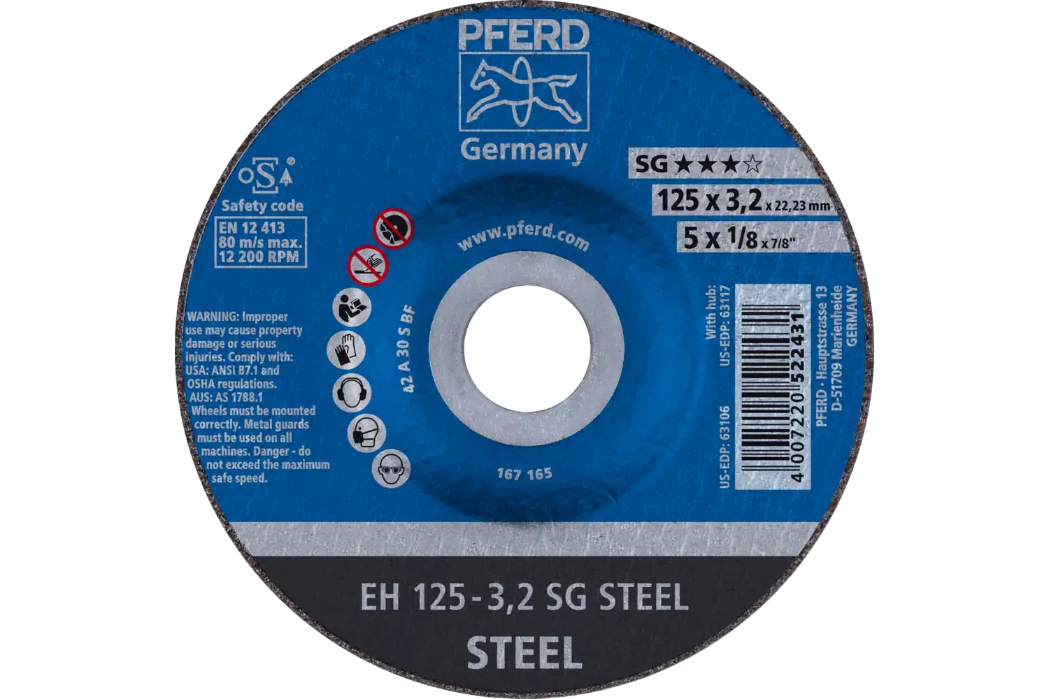 Picture of Pferd Cut-Off Wheel, 5" X 1/8 X 7/8, Sg Steel, T27, Aluminum Oxide